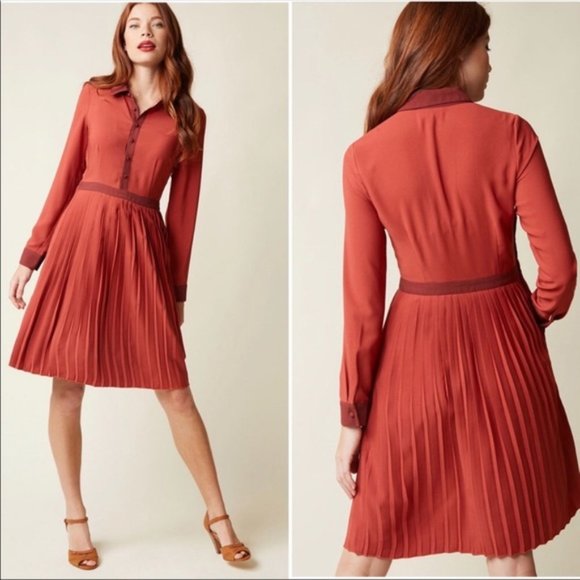 Modcloth burnt orange My Typist pleated Shirt dress - Sz M - Picture 1 of 4